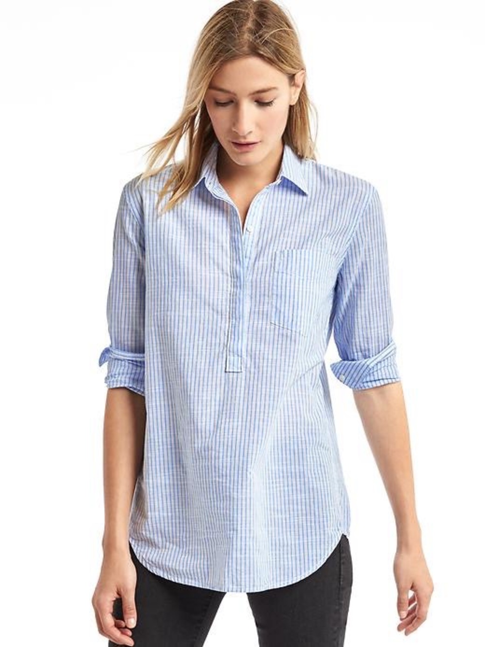 Gap Striped Lightweight Popover Top Half Button Placket Womens M Blue